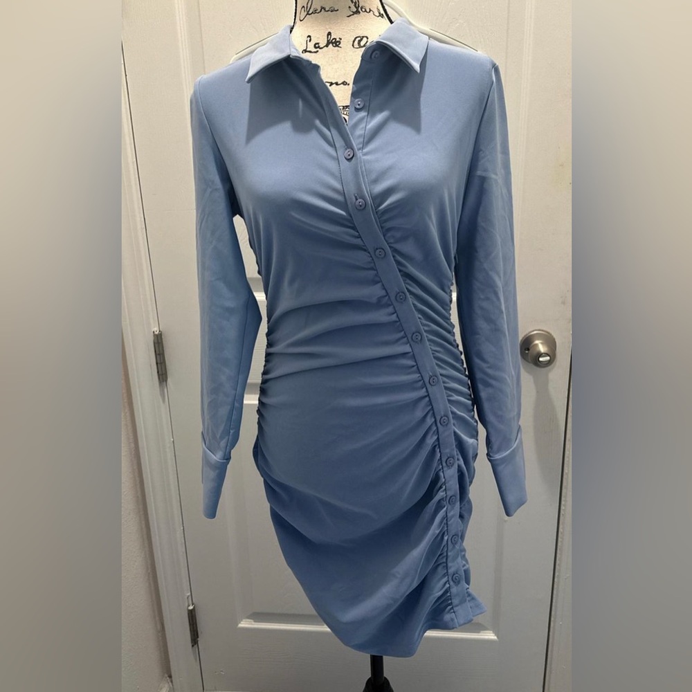 Zara Sky Blue Ruched Button-Front Long Sleeve Dress